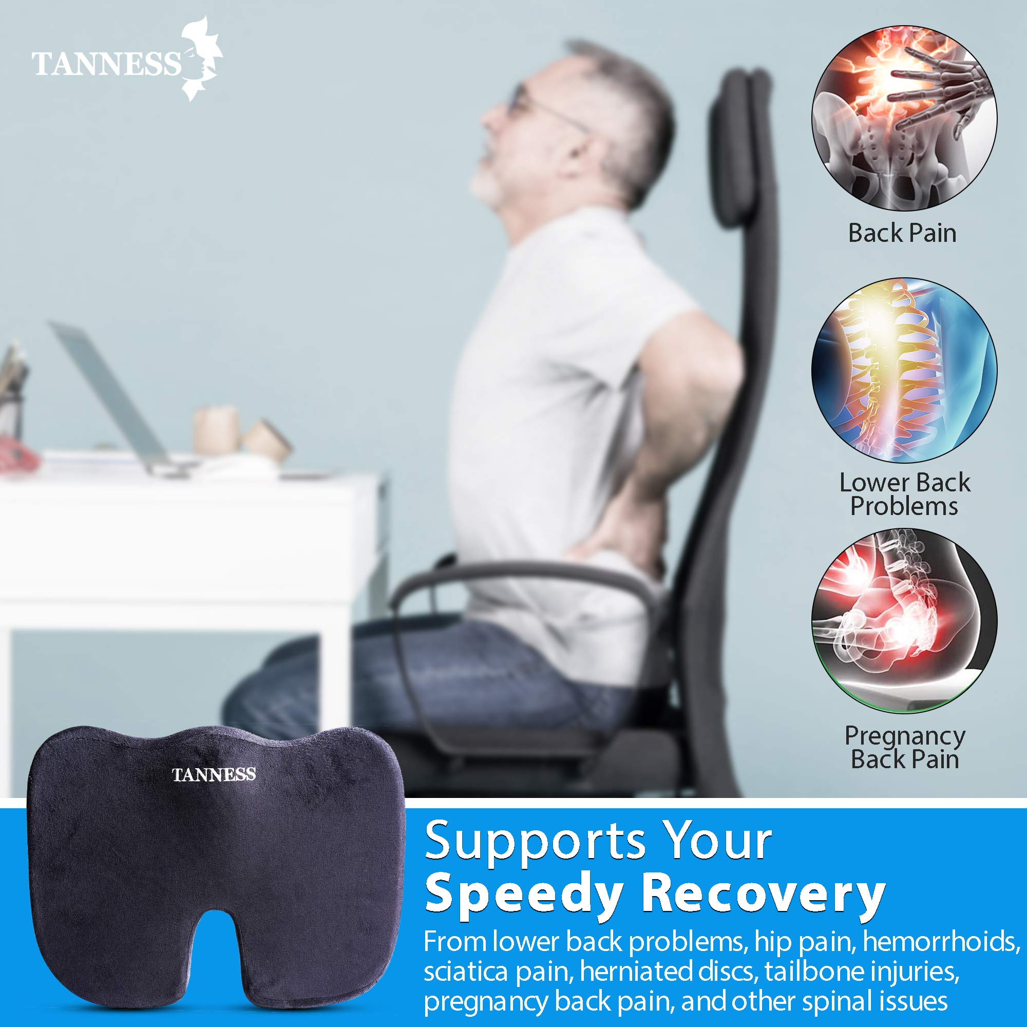 TANNESS Comfort Therapy Orthopedic Gel Seating Cushion — Ergonomic Memory Foam Coccyx Cushion for Lower Back, Tailbone and Sciatica Relief — Portable Seat Pad for Office, Home, Car, Wheelchair