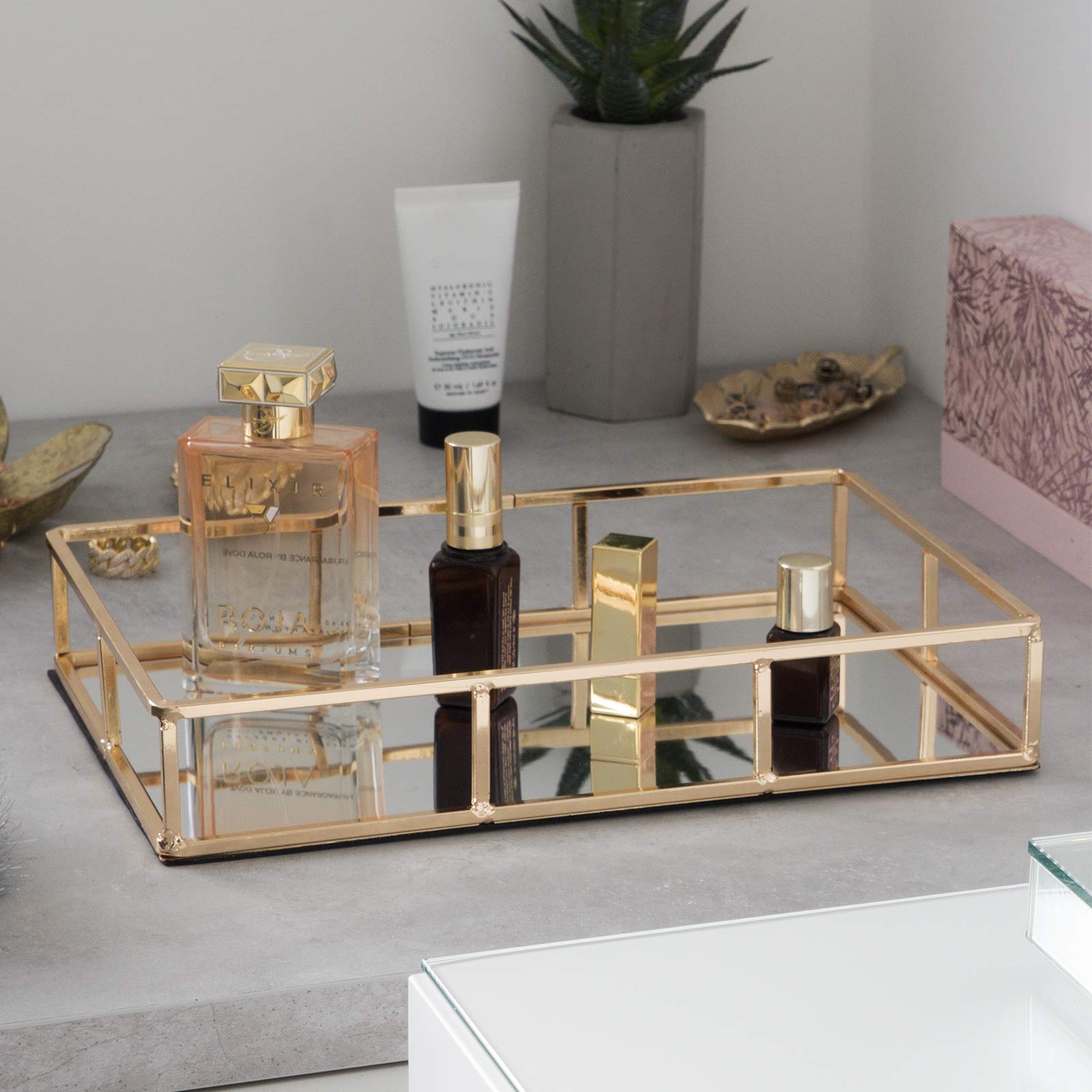 Sasha Morel Tray Mirror, Gold Mirror Tray Perfume Tray Mirror Vanity Dresser Tray Metal Decorative Tray Jewellery Perfume Organizer Makeup Tray for Vanity, Dresser, Bathroom, Bedroom