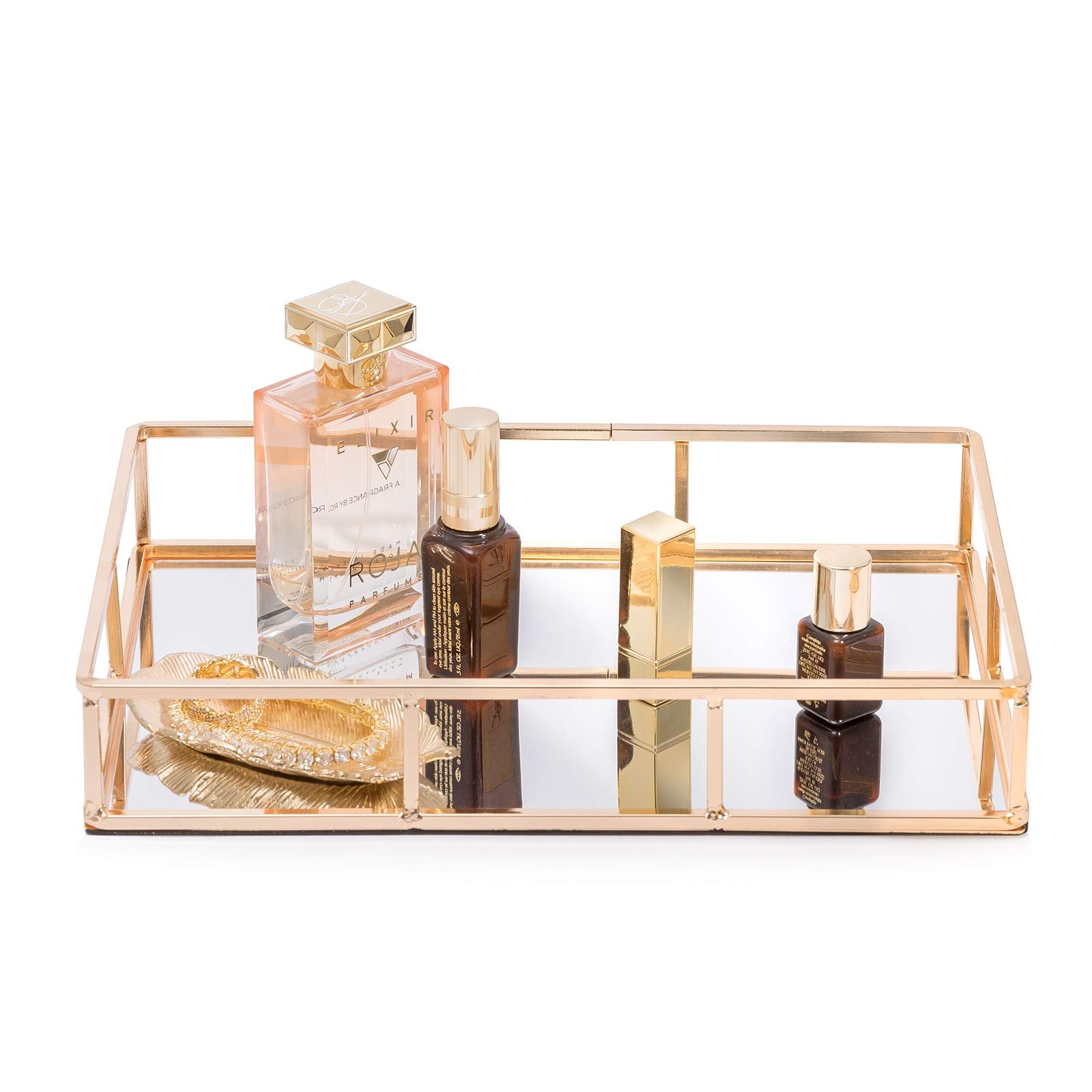 Sasha Morel Tray Mirror, Gold Mirror Tray Perfume Tray Mirror Vanity Dresser Tray Metal Decorative Tray Jewellery Perfume Organizer Makeup Tray for Vanity, Dresser, Bathroom, Bedroom
