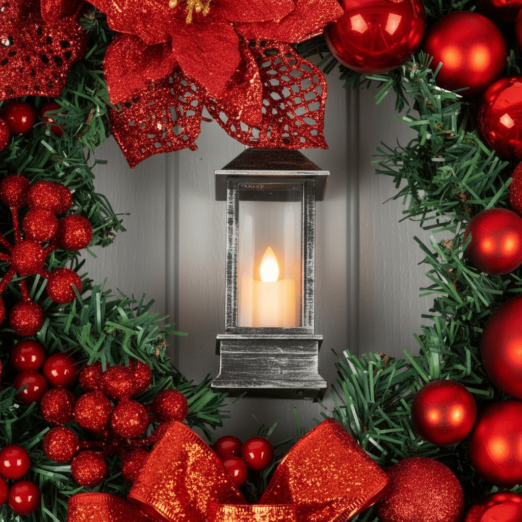 40cm Wreath with Lantern-Christmas Decor-GloBrite-Red-DREIBACH