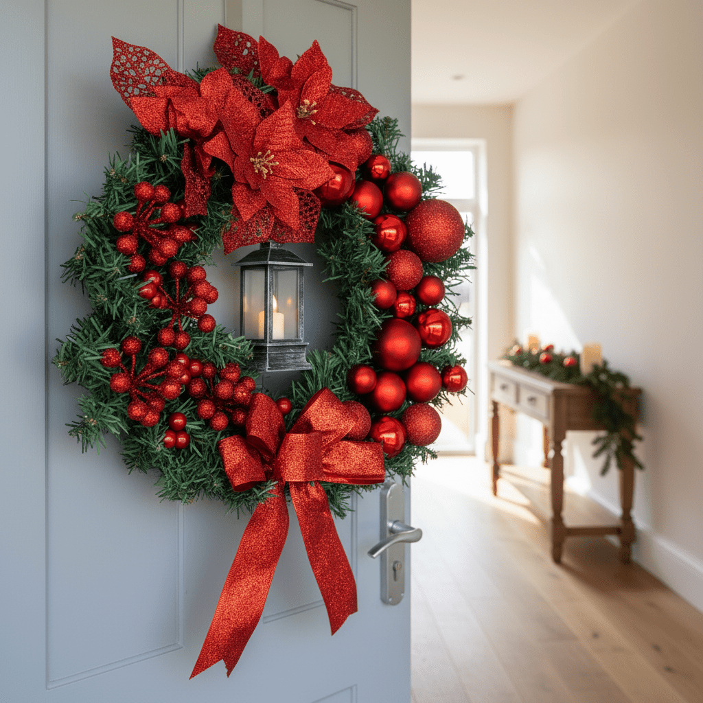 40cm Wreath with Lantern-Christmas Decor-GloBrite-Red-DREIBACH
