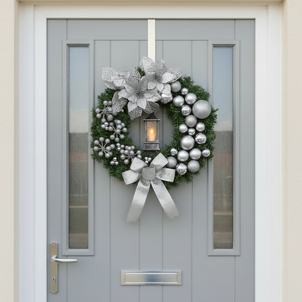 40cm Wreath with Lantern-Christmas Decor-GloBrite-Silver-DREIBACH