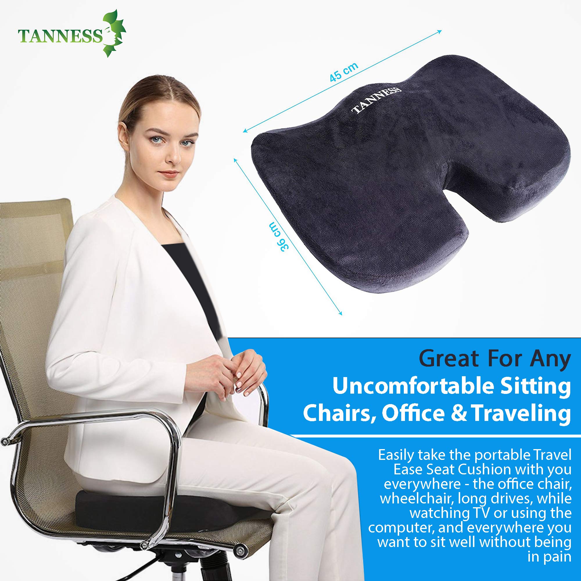 TANNESS Comfort Therapy Orthopedic Gel Seating Cushion — Ergonomic Memory Foam Coccyx Cushion for Lower Back, Tailbone and Sciatica Relief — Portable Seat Pad for Office, Home, Car, Wheelchair