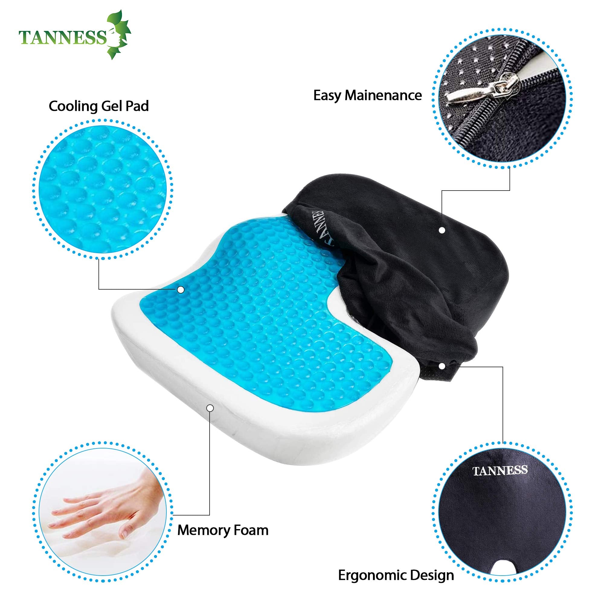 TANNESS Comfort Therapy Orthopedic Gel Seating Cushion — Ergonomic Memory Foam Coccyx Cushion for Lower Back, Tailbone and Sciatica Relief — Portable Seat Pad for Office, Home, Car, Wheelchair