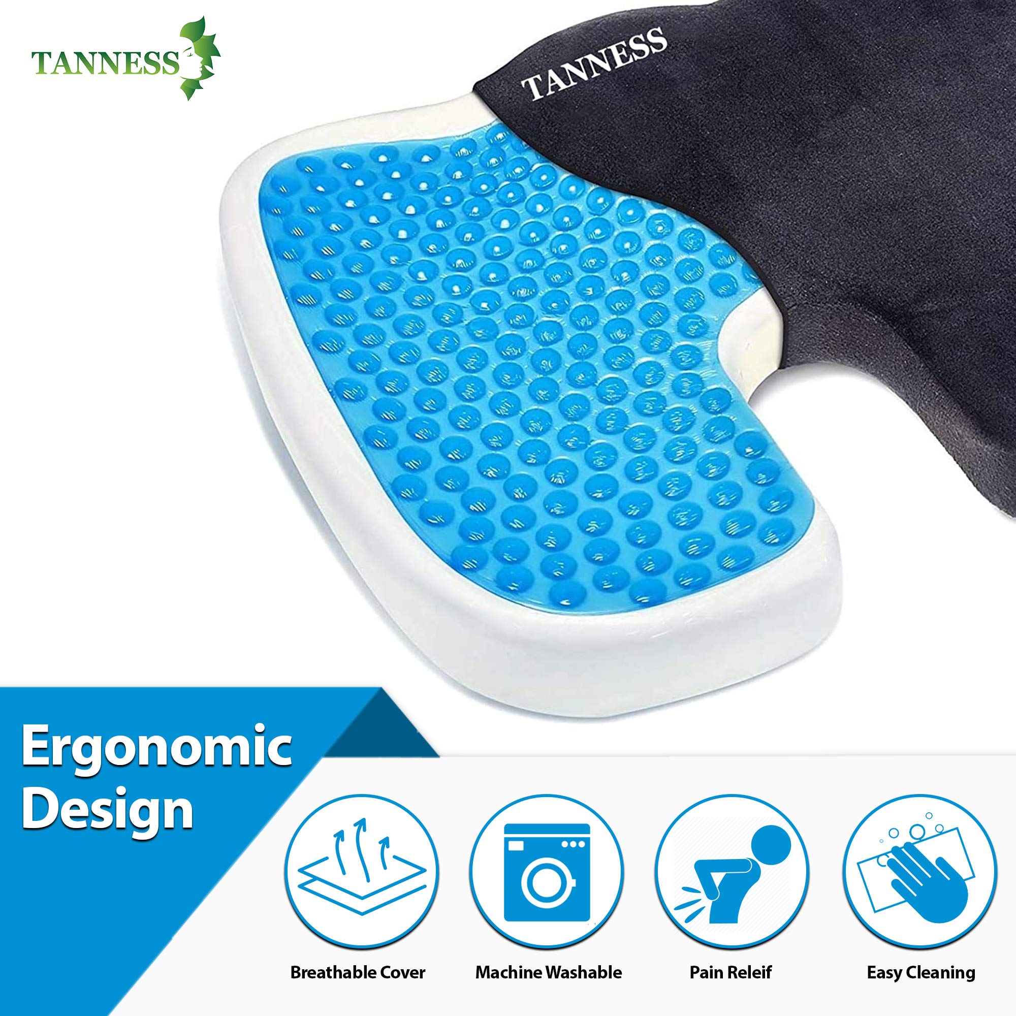 TANNESS Comfort Therapy Orthopedic Gel Seating Cushion — Ergonomic Memory Foam Coccyx Cushion for Lower Back, Tailbone and Sciatica Relief — Portable Seat Pad for Office, Home, Car, Wheelchair