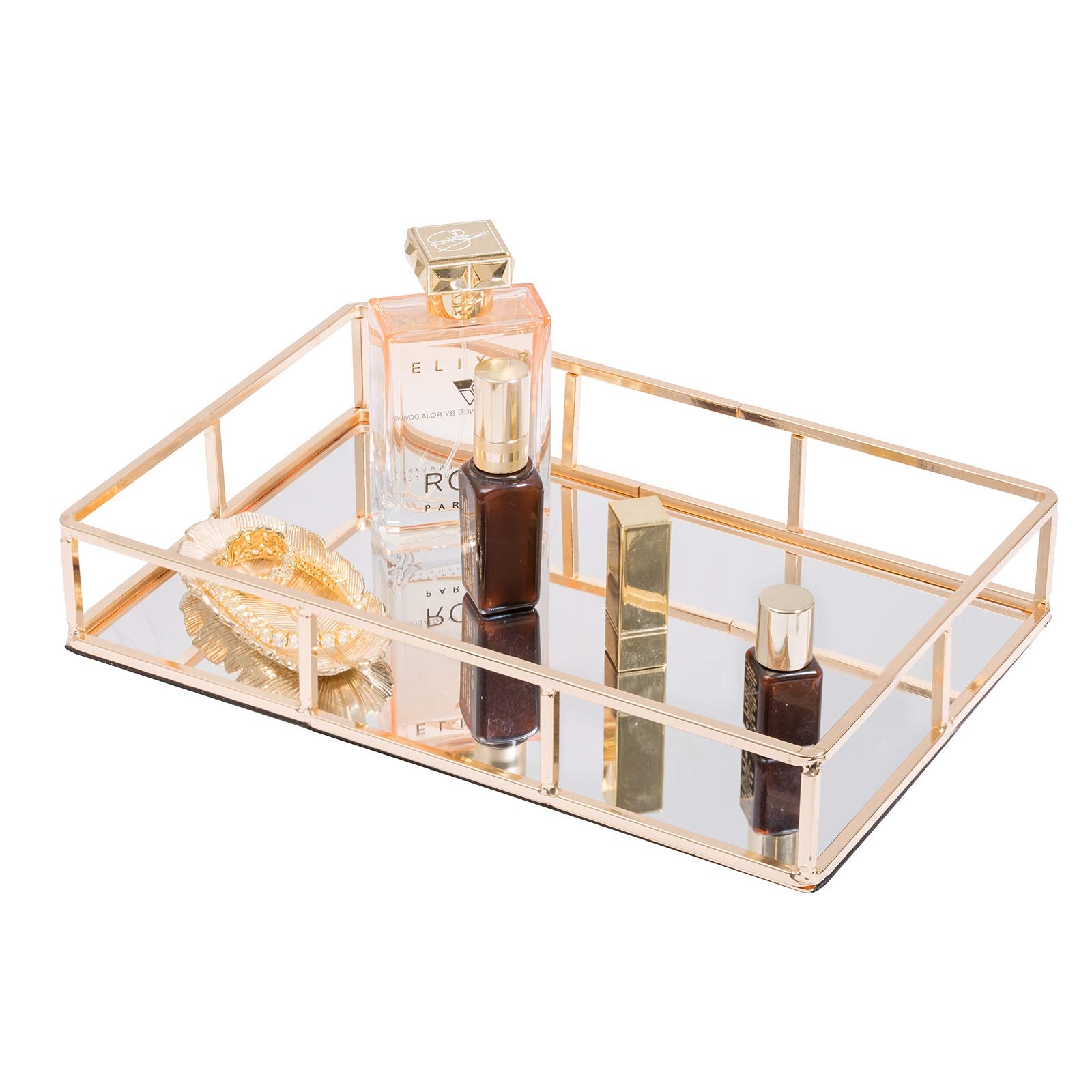 Sasha Morel Tray Mirror, Gold Mirror Tray Perfume Tray Mirror Vanity Dresser Tray Metal Decorative Tray Jewellery Perfume Organizer Makeup Tray for Vanity, Dresser, Bathroom, Bedroom