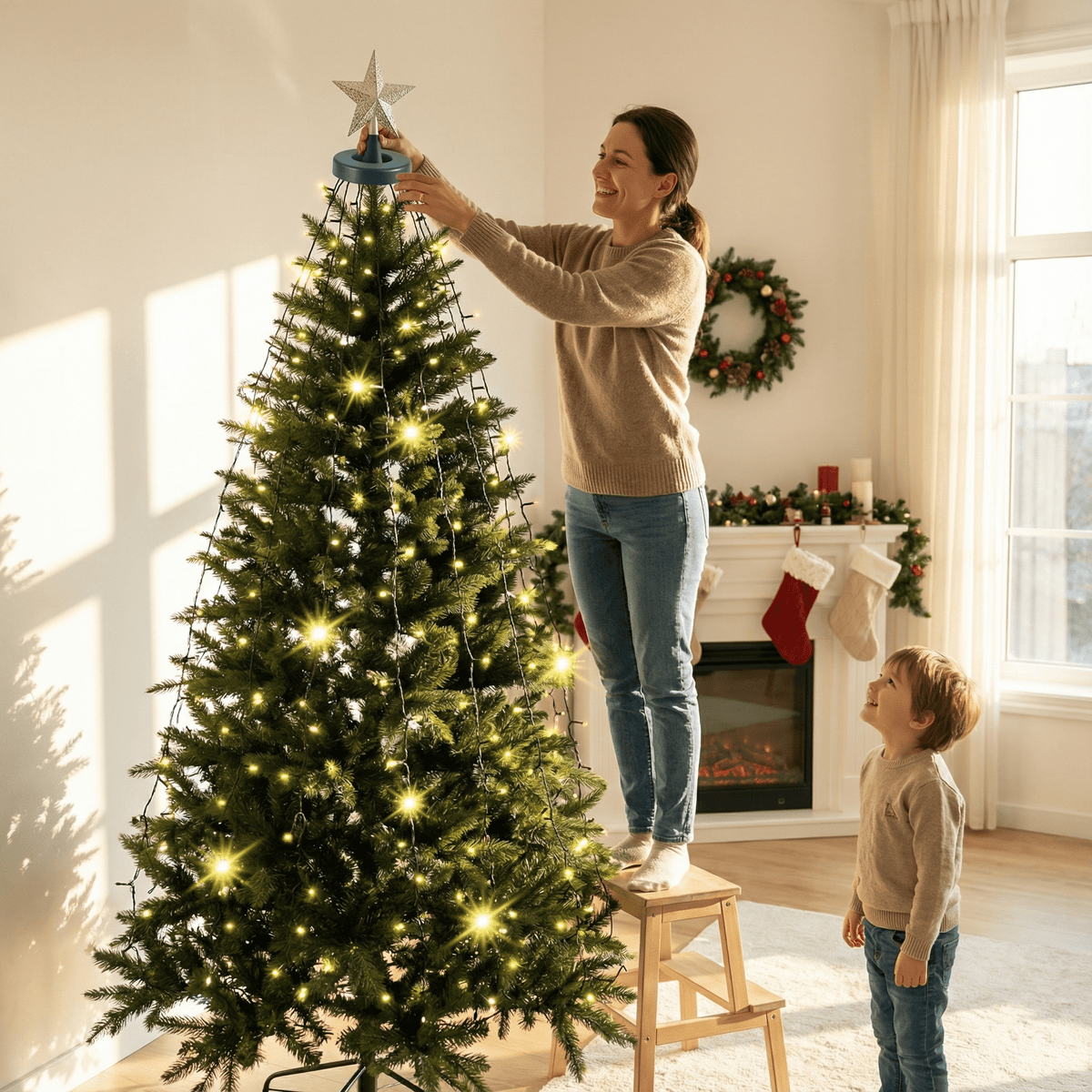 A mother and son putting the star on a lit Christmas tree