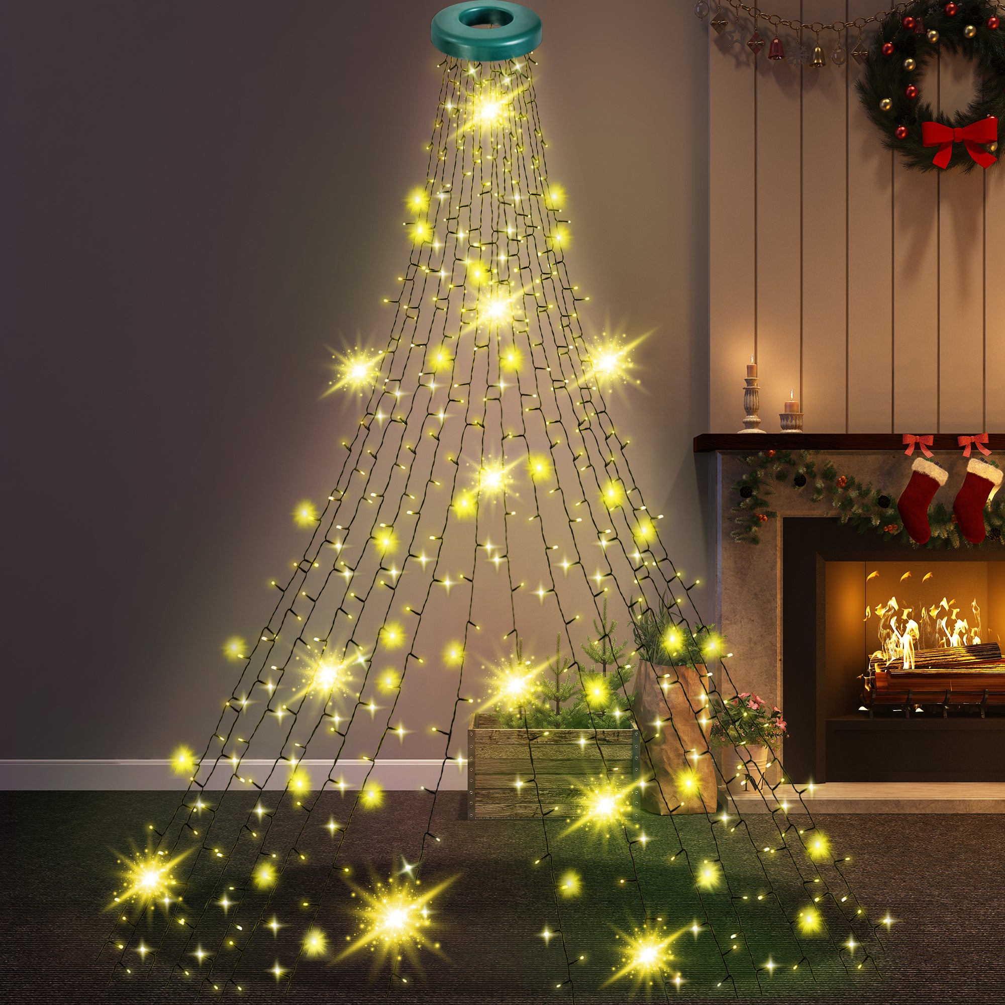 Christmas Tree Lights with Ring - 1.6 m * 16 Lines, 288 LED Xmas Lights, 8 Modes, Memory & Timer, IP44 Waterproof, Indoor & Outdoor Christmas Decorations, 5M Lead Wire (Warm White)-Christmas Decor-GloBrite-5ft - Warm White-DREIBACH