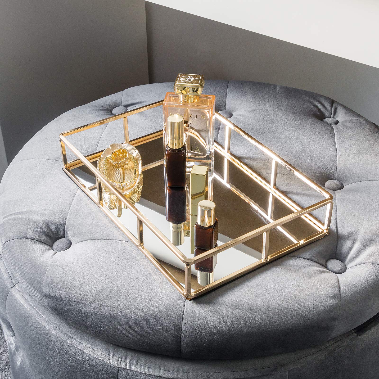Sasha Morel Tray Mirror, Gold Mirror Tray Perfume Tray Mirror Vanity Dresser Tray Metal Decorative Tray Jewellery Perfume Organizer Makeup Tray for Vanity, Dresser, Bathroom, Bedroom