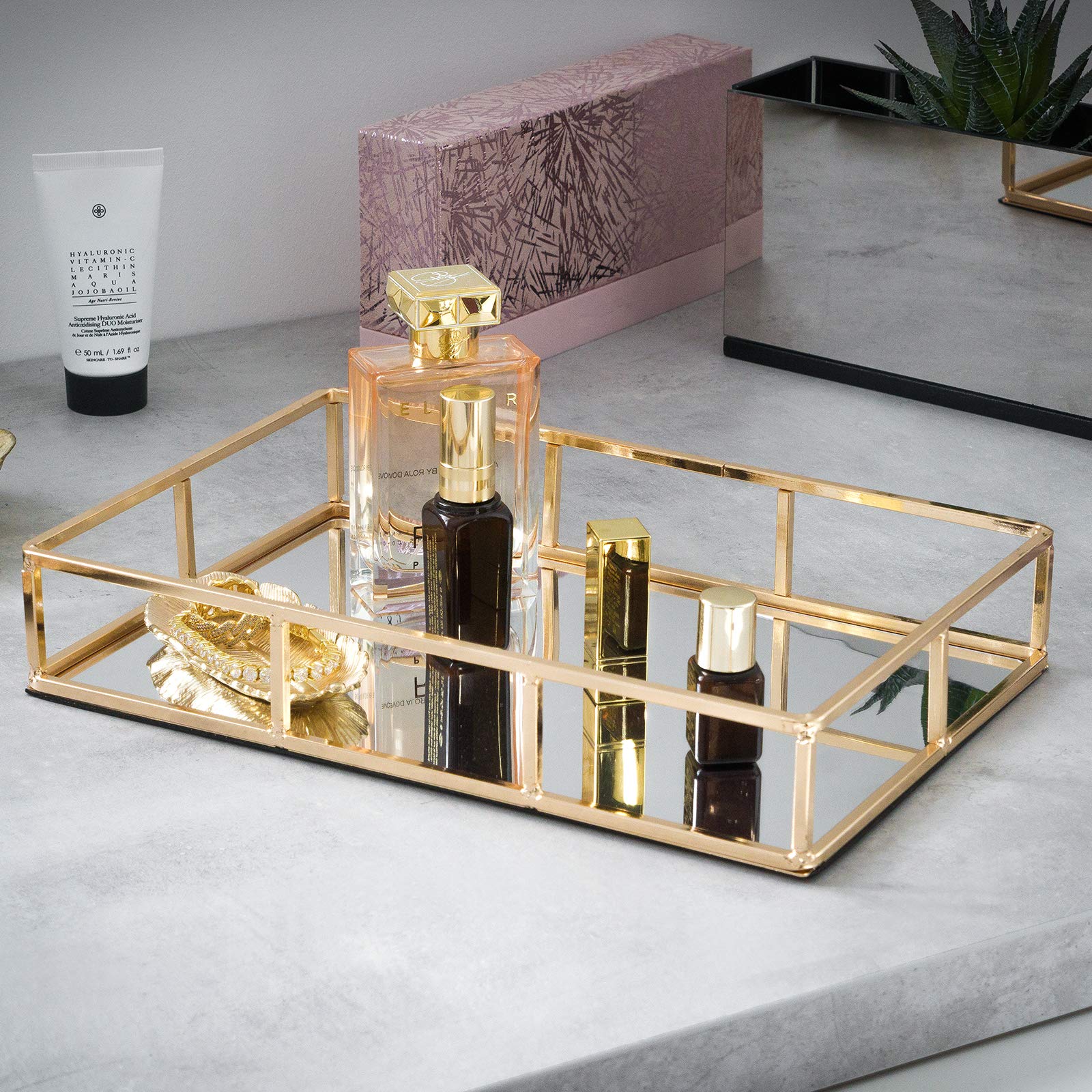 Sasha Morel Tray Mirror, Gold Mirror Tray Perfume Tray Mirror Vanity Dresser Tray Metal Decorative Tray Jewellery Perfume Organizer Makeup Tray for Vanity, Dresser, Bathroom, Bedroom