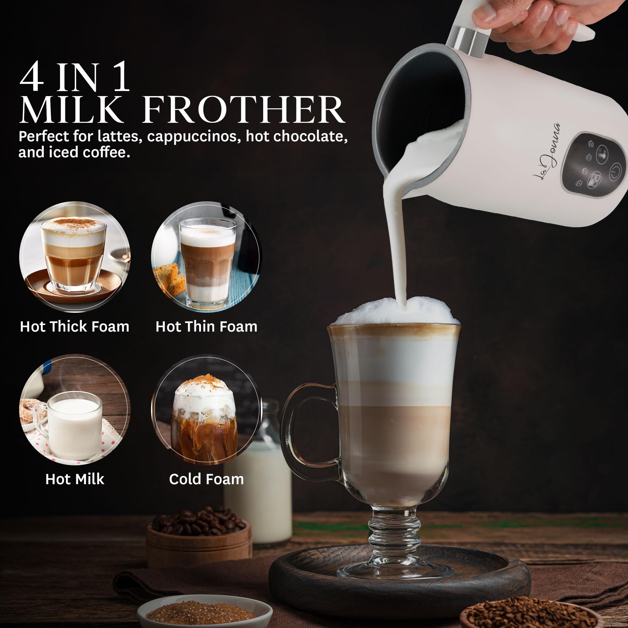 LaDonna Electric Milk Frother & Steamer, 4-in-1 Coffee Frother & Hot Chocolate Machine - Milk Heater, Foamer & Warmer - Cold Foam & Hot Milk for Lattes, Cappuccinos, Hot Chocolate, Iced Coffee-La Donna-Black-DREIBACH