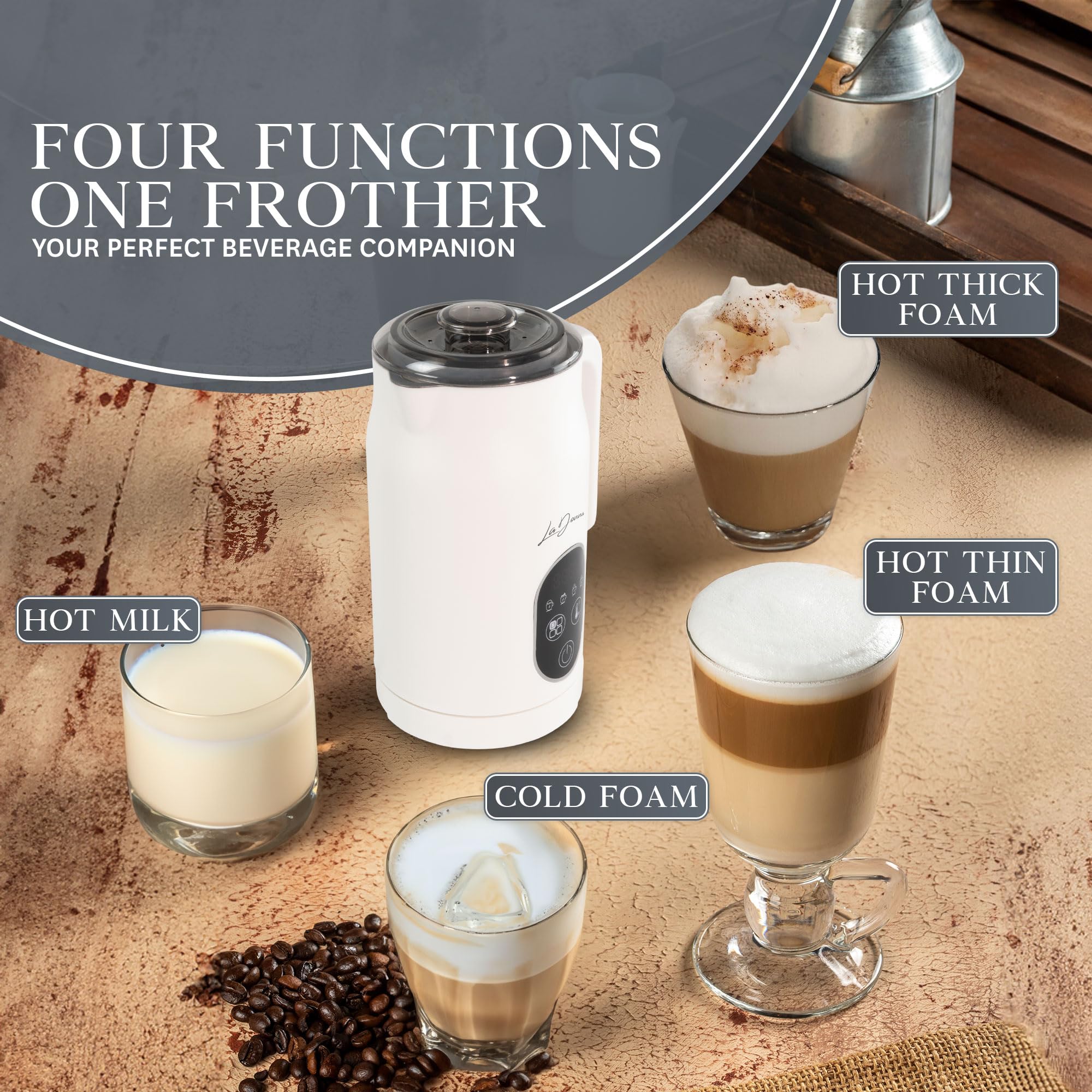 LaDonna Electric Milk Frother & Steamer, 4-in-1 Coffee Frother & Hot Chocolate Machine - Milk Heater, Foamer & Warmer - Cold Foam & Hot Milk for Lattes, Cappuccinos, Hot Chocolate, Iced Coffee-La Donna-Black-DREIBACH