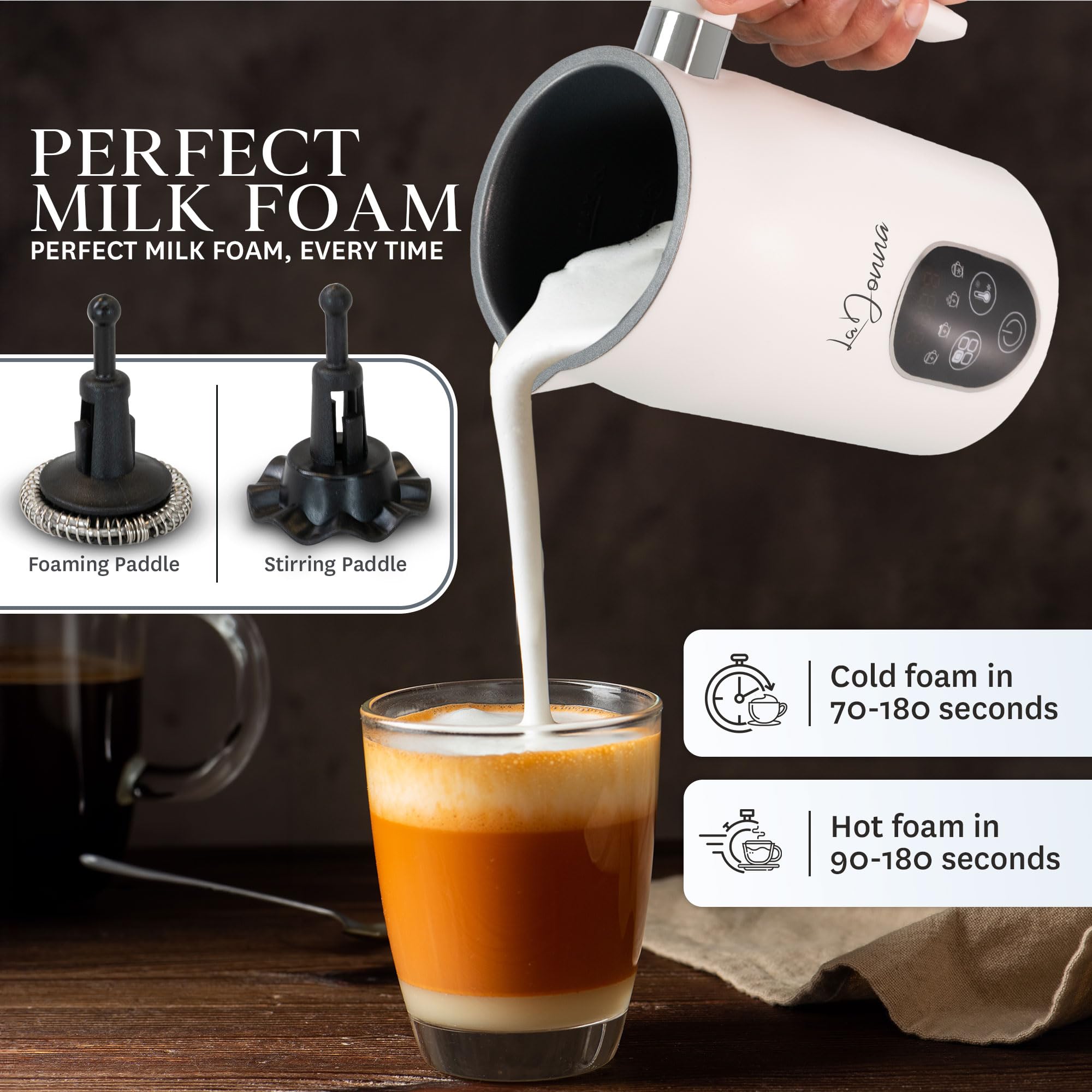 LaDonna Electric Milk Frother & Steamer, 4-in-1 Coffee Frother & Hot Chocolate Machine - Milk Heater, Foamer & Warmer - Cold Foam & Hot Milk for Lattes, Cappuccinos, Hot Chocolate, Iced Coffee-La Donna-Black-DREIBACH