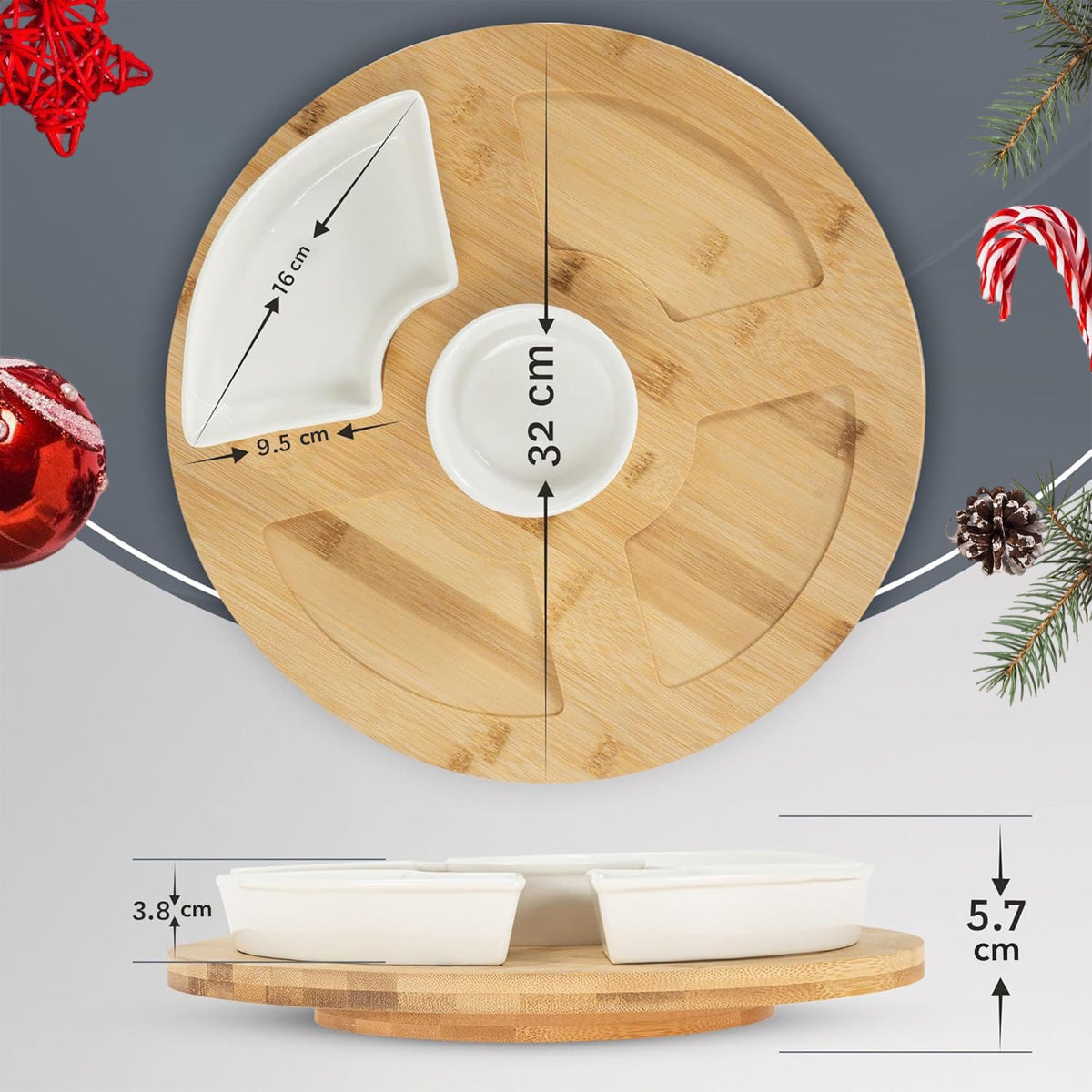 LaDonna Rotating Dip Set with Lazy Susan Turntable Wooden Tray - Ceramic Bowls Set of 5 Serving Platter - Dining Table Centrepiece - Serving Platters for Parties, Dips & Snacks-La Donna-DREIBACH