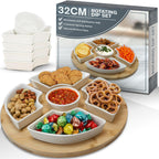 LaDonna Rotating Dip Set with Lazy Susan Turntable Wooden Tray - Ceramic Bowls Set of 5 Serving Platter - Dining Table Centrepiece - Serving Platters for Parties, Dips & Snacks-La Donna-DREIBACH