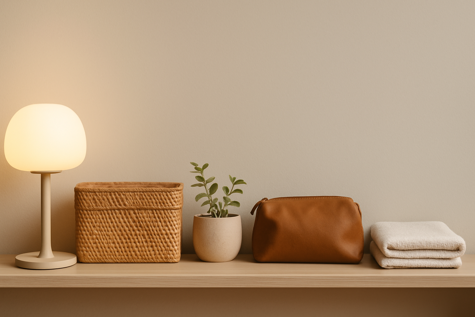 Minimal shelf scene with table lamp, woven organiser, small planter, travel pouch, and folded towel. Neutral wall, warm daylight, soft shadows, negative space upper-right for text. No logos/people. 16:9. Good for About Us image.
