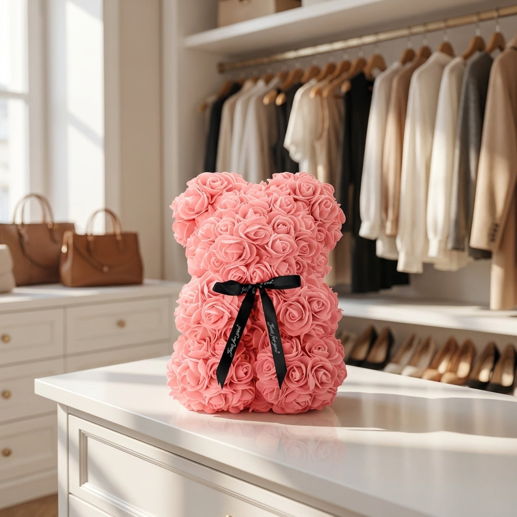 Rose Bear with Gift Box-Christmas Decor-TANNESS-White & Pink-DREIBACH