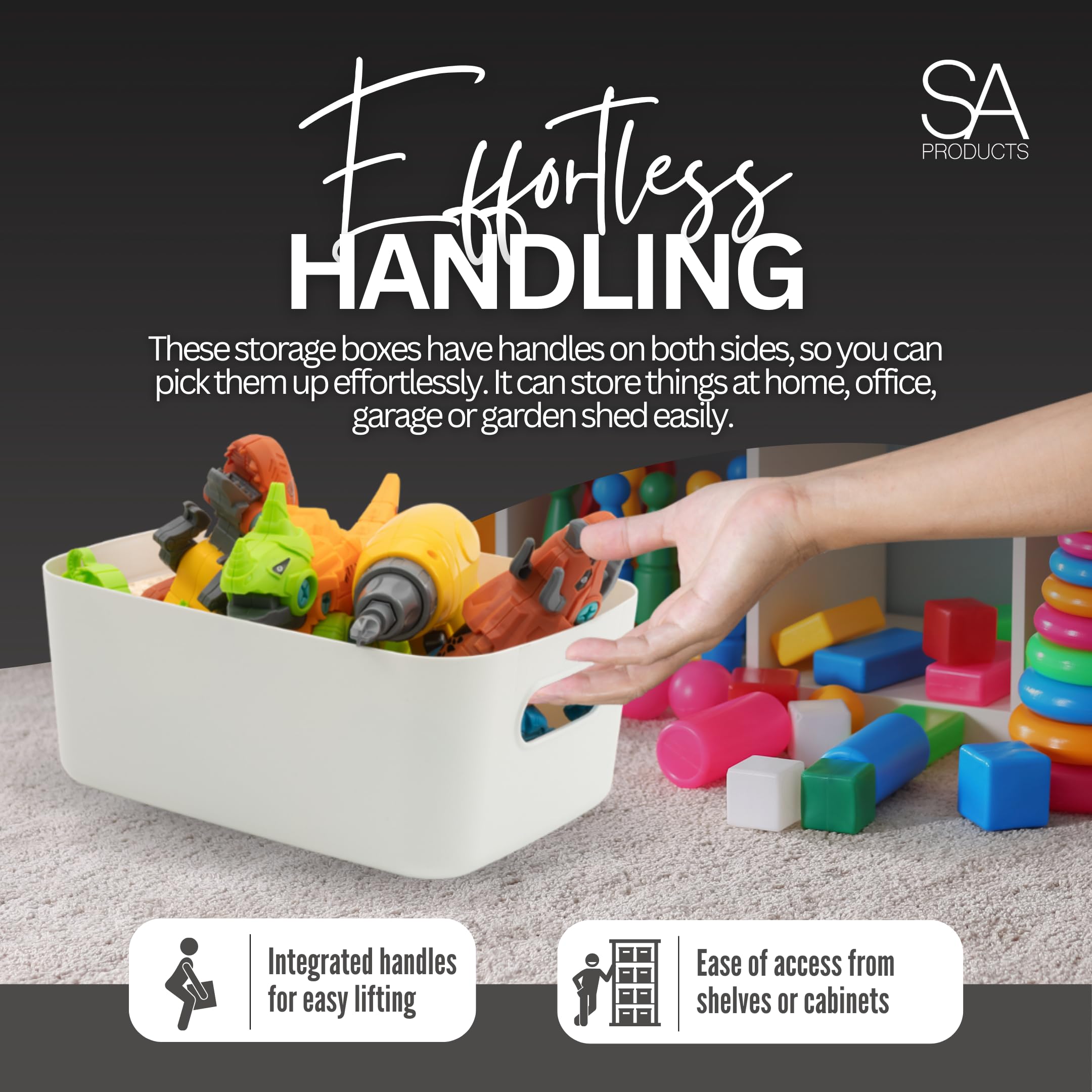 SA Products 7 Pack Plastic Storage Boxes | Colourful Storage Baskets with Handles | Stackable Cupboard Organiser | Kitchen Cupboard Storage for Bathroom, Bedroom, Office, School and Home-SA Products-Grey-3pc Storage Basket-DREIBACH