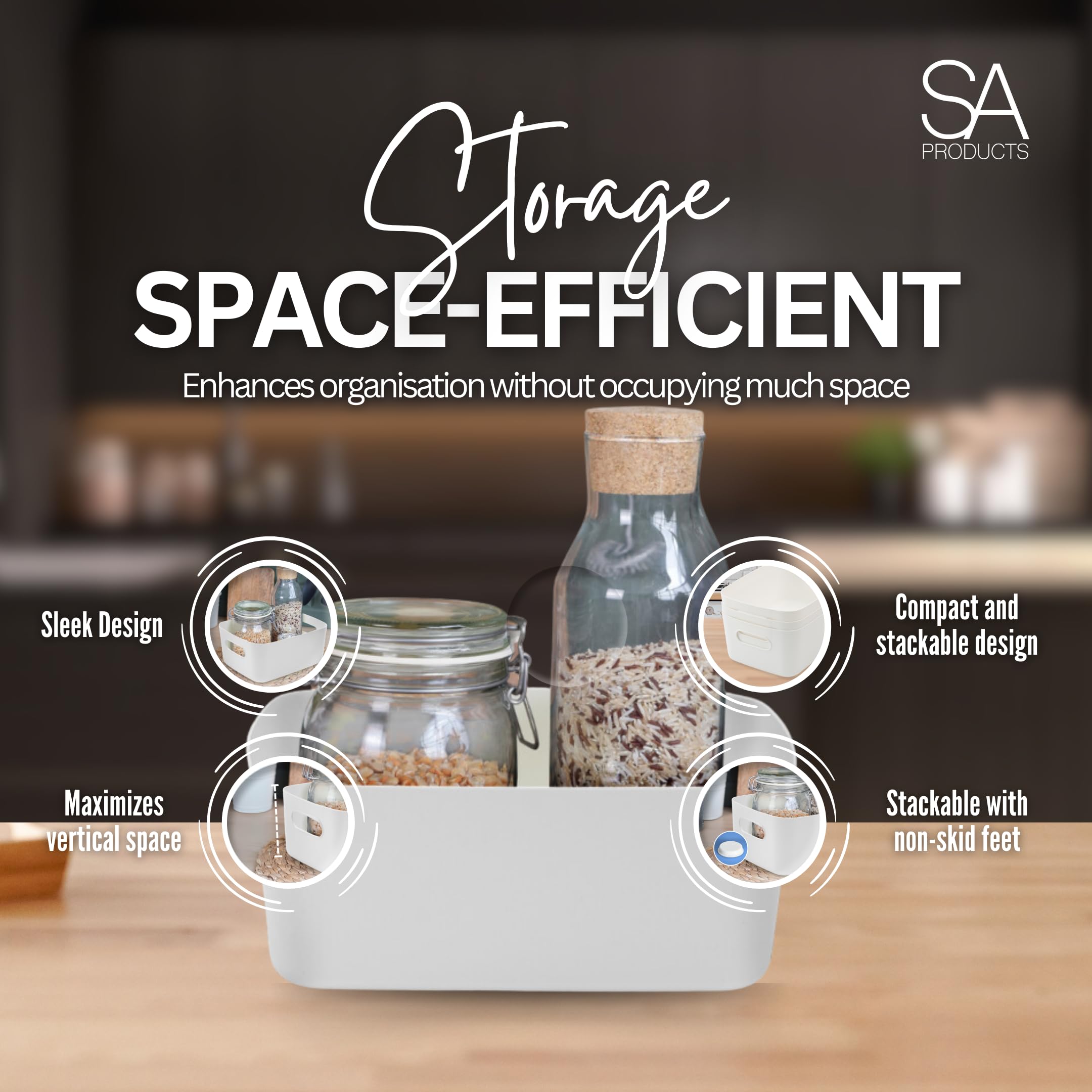 SA Products 7 Pack Plastic Storage Boxes | Colourful Storage Baskets with Handles | Stackable Cupboard Organiser | Kitchen Cupboard Storage for Bathroom, Bedroom, Office, School and Home-SA Products-Grey-3pc Storage Basket-DREIBACH