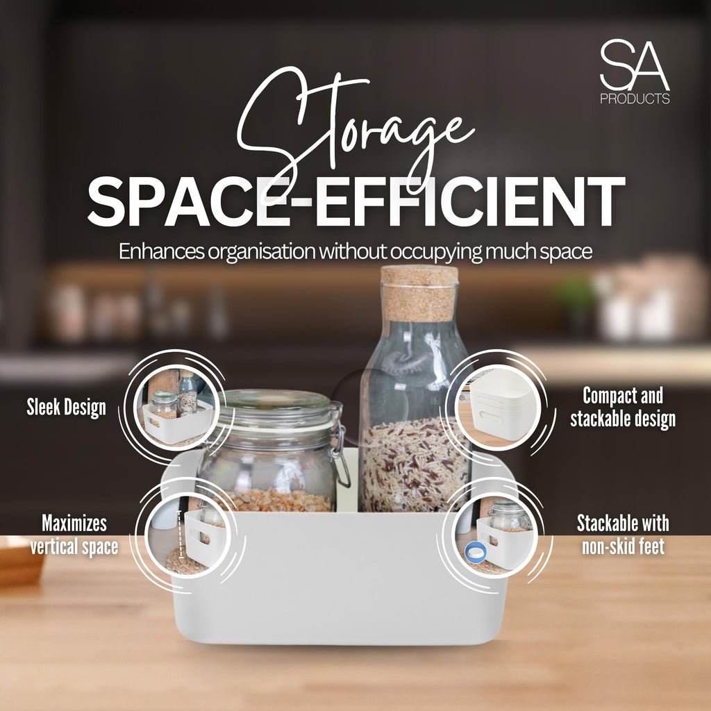 SA Products 7 Pack Plastic Storage Boxes | Colourful Storage Baskets with Handles | Stackable Cupboard Organiser | Kitchen Cupboard Storage for Bathroom, Bedroom, Office, School and Home-SA Products-Grey-3pc Storage Basket-DREIBACH