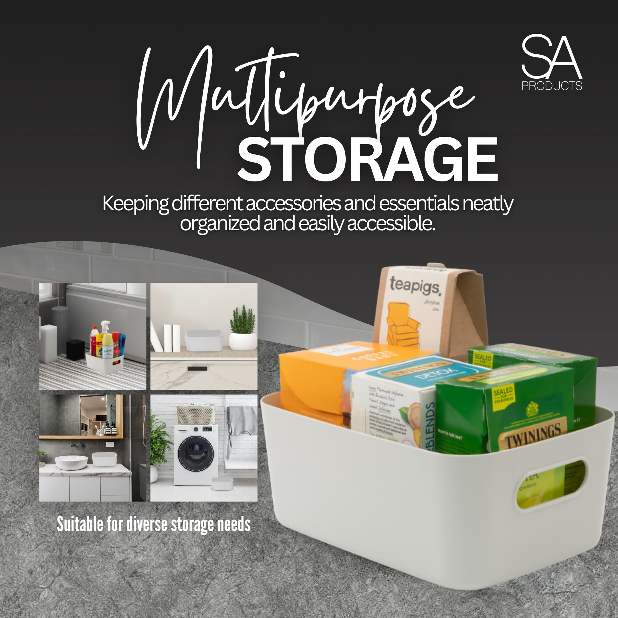 SA Products 7 Pack Plastic Storage Boxes | Colourful Storage Baskets with Handles | Stackable Cupboard Organiser | Kitchen Cupboard Storage for Bathroom, Bedroom, Office, School and Home-SA Products-Grey-3pc Storage Basket-DREIBACH