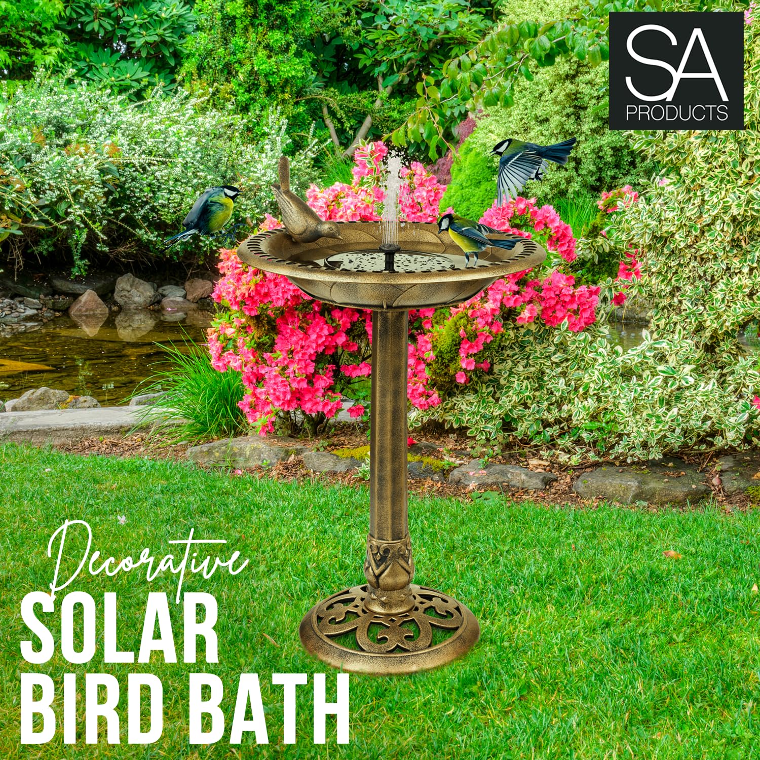 SA Products Solar Bird Bath - Drinking Water Bowl with Sun-Powered Fountain for Garden Birds - Decorative Standing Outdoor Bird Bath Dish in a Rustic Bronze Finish for Lawn, Backyard, Aviary - 80x50cm-SA Products-DREIBACH