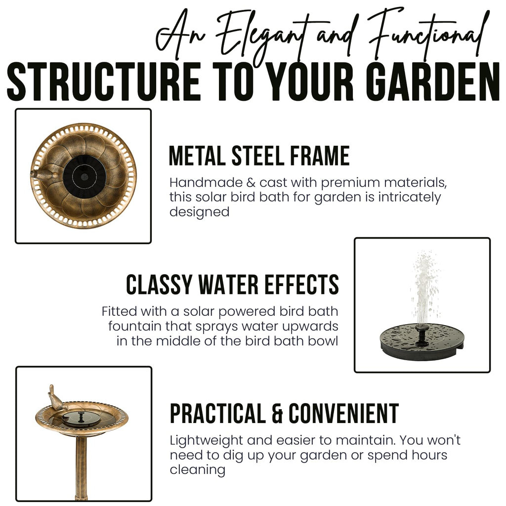 SA Products Solar Bird Bath - Drinking Water Bowl with Sun-Powered Fountain for Garden Birds - Decorative Standing Outdoor Bird Bath Dish in a Rustic Bronze Finish for Lawn, Backyard, Aviary - 80x50cm-SA Products-DREIBACH