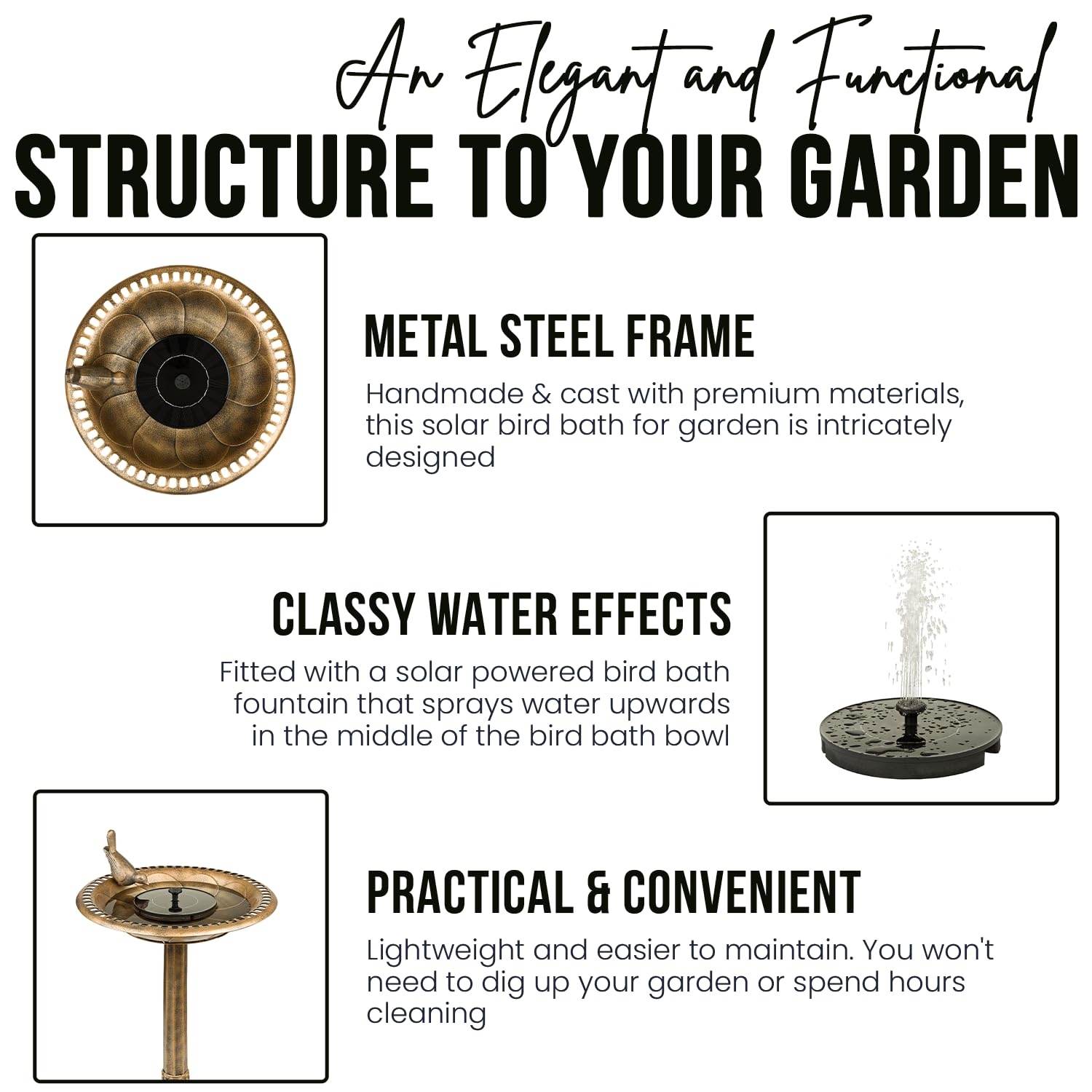 SA Products Solar Bird Bath - Drinking Water Bowl with Sun-Powered Fountain for Garden Birds - Decorative Standing Outdoor Bird Bath Dish in a Rustic Bronze Finish for Lawn, Backyard, Aviary - 80x50cm-SA Products-DREIBACH