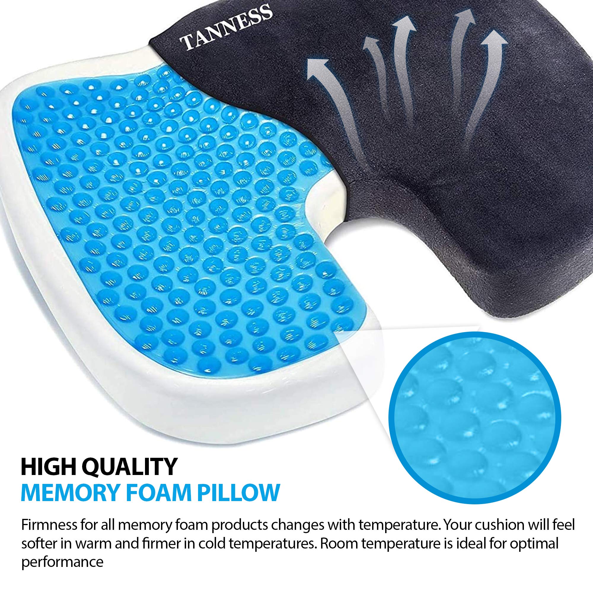 TANNESS Comfort Therapy Orthopedic Gel Seating Cushion — Ergonomic Memory Foam Coccyx Cushion for Lower Back, Tailbone and Sciatica Relief — Portable Seat Pad for Office, Home, Car, Wheelchair-TANNESS-DREIBACH