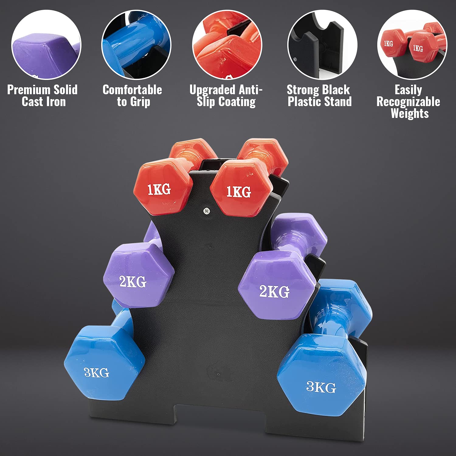 Tanness Set of 6 Hand Weights Hex Dumbbells with Rack Stand | Neoprene Coated Fitness Accessories | Home Gym Equipment Workouts Strength Training Dumbbells Set 3 Pairs (1KG, 2KG, 3KG)-TANNESS-DREIBACH